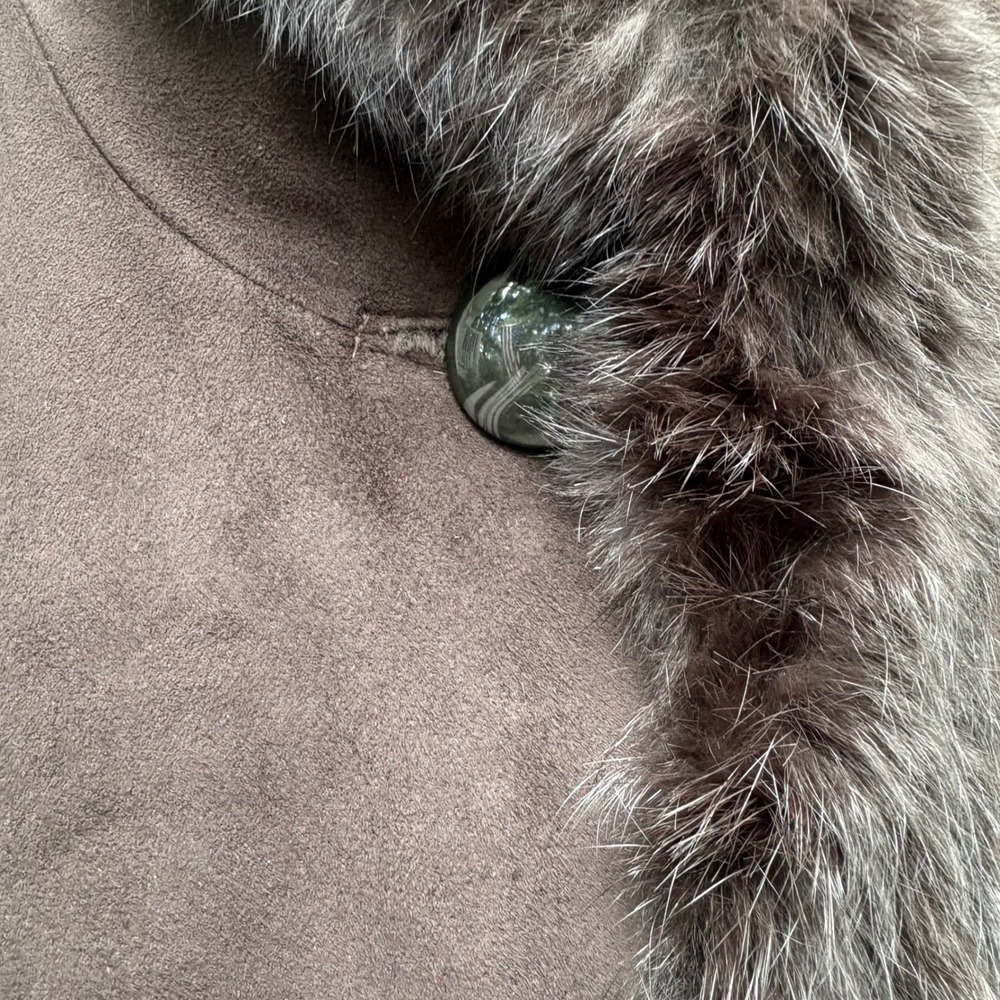Dana Buchman Faux Suede Coat L Brown Genuine Fur Trim Winter Jacket Luxe Elegant - Picture 9 of 15
